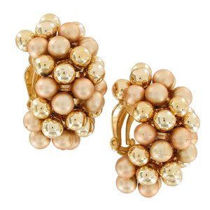 Vintage Large Matte Shiny Gold Tone Cluster Beaded Clip On Huggie Hoop Earrings